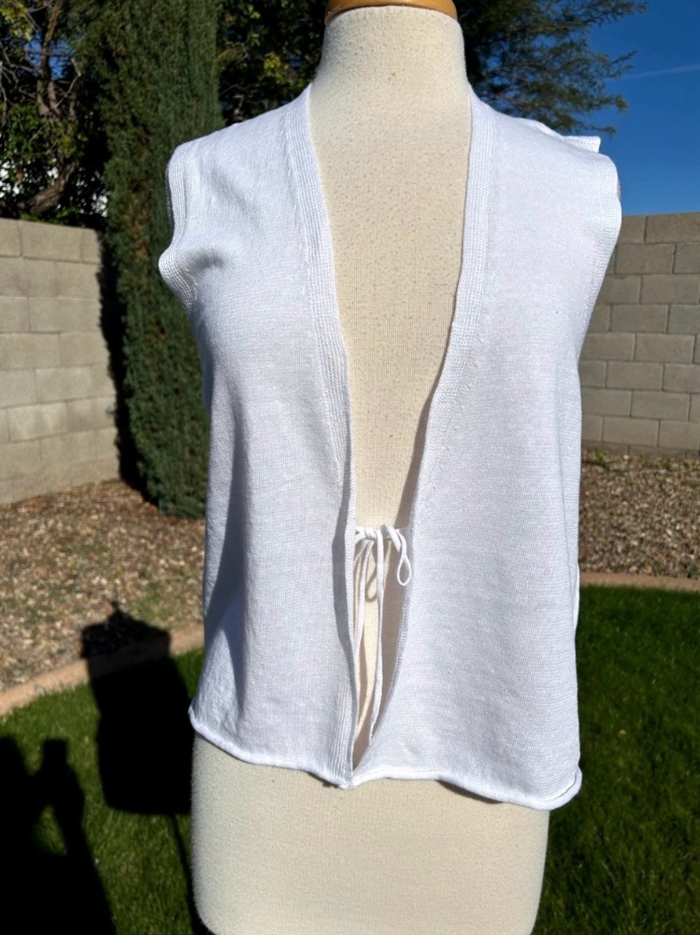 Eileen Fisher Linen Cotton Knit V Neck Vest Tie White Size XXS Oversize NWT $188